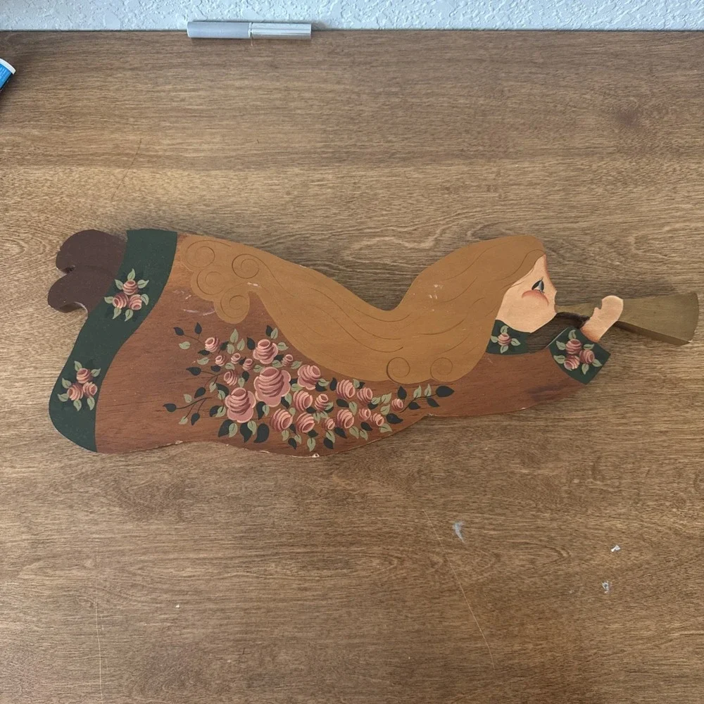 Flying Girl Trumpet Hand Crafted Painted on Wood Wall Hanging, 21 1/4